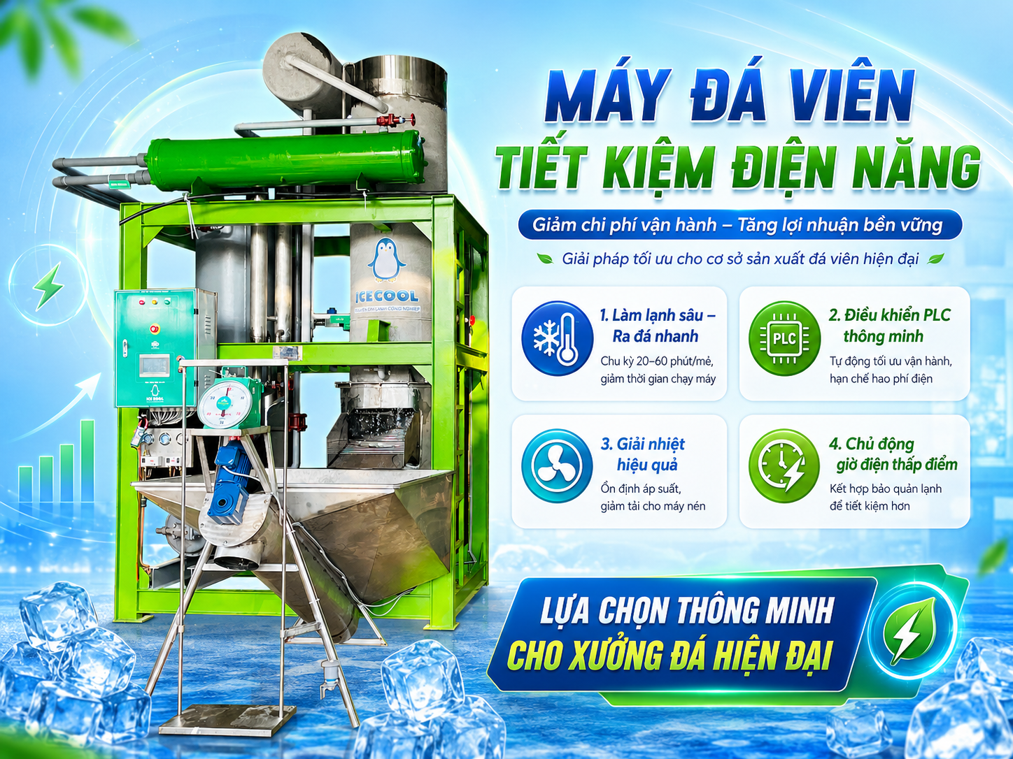 Máy đá viên ICE COOL là lựa chọn hàng đầu cho các cơ sở kinh doanh muốn đầu tư vào máy đá viên tiết kiệm điện năng