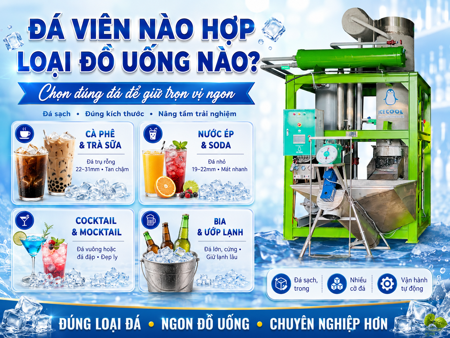 Sử dụng đá viên phù hợp với các loại đồ uống không chỉ giúp giữ trọn hương vị mà còn nâng cao chất lượng phục vụ trong ngành F&B hiện đại