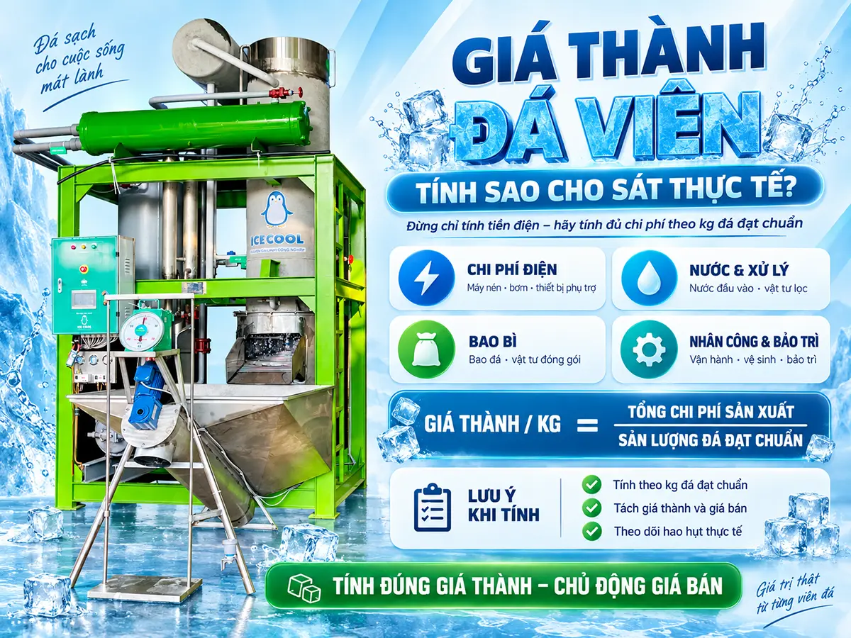 Giá thành đá viên phải được tính trên sản lượng đá đạt chuẩn thực tế, không phải công suất danh nghĩa ghi trên máy.