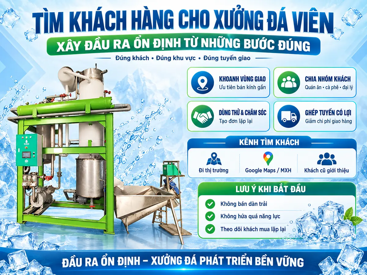 Muốn tìm khách cho xưởng đá viên, hãy bắt đầu từ khu vực giao hàng phù hợp và nhóm khách có nhu cầu mua lặp lại.