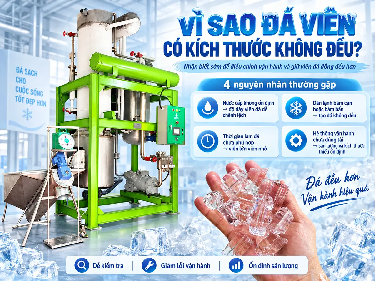 Vì sao đá viên có kích thước không đều? Phân biệt lệch chiều dài, độ dày và vỡ sau cắt để khoanh vùng nguyên nhân, kiểm tra đúng cách.